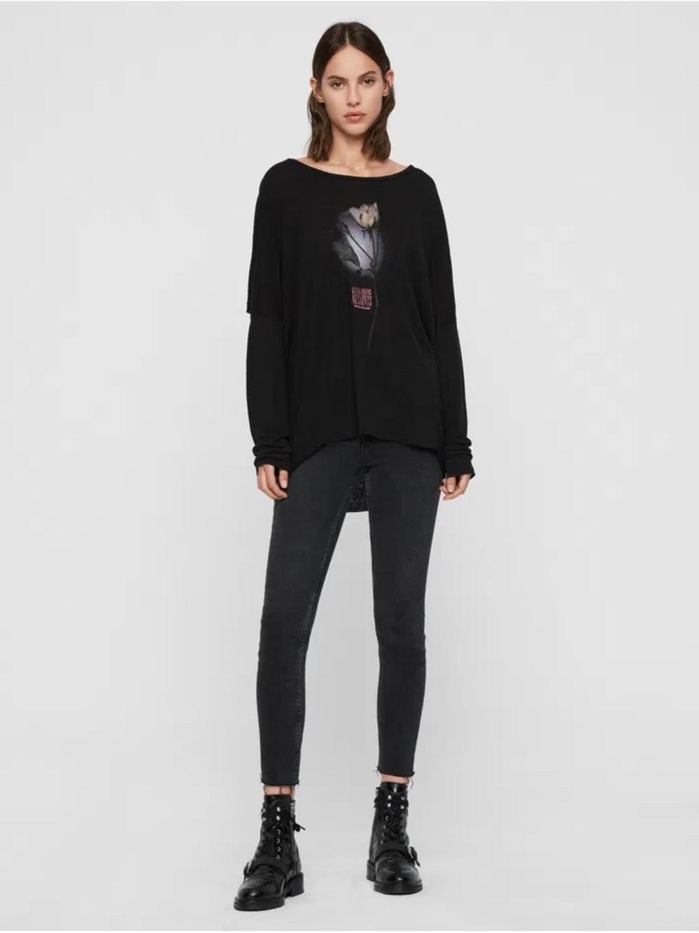 All Saints Black Graphic Oversized Long-Sleeve Top